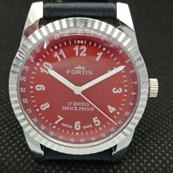 Vintage 1976 Fortis Manual Mens Silver Watch W/Leather Strap & Red accents - Picture 4 of 8